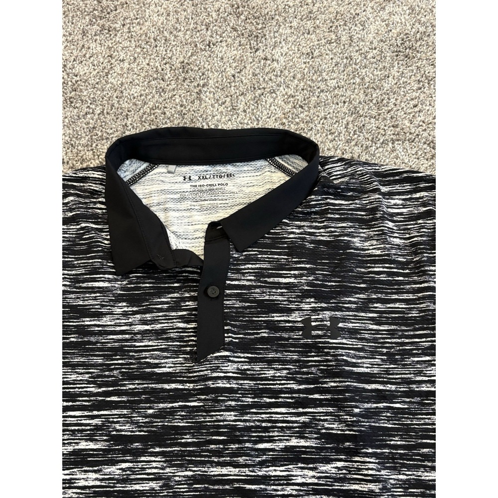 Under Armour Mens Isochill Striped‎ Polo Shirt Black White Size 2XL Short Sleeve - Picture 2 of 7